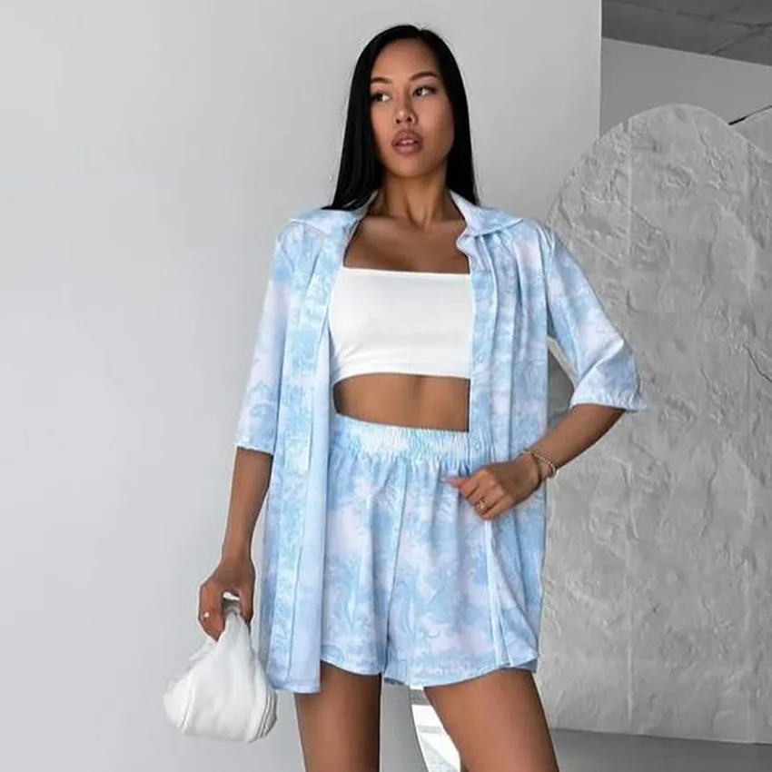 HiLoc Spring Fashion Print Shorts Sets Loungewear Casual Short Sleeve Blouse With Elastic Waist Mini Pants 2 Piece Sets 2026