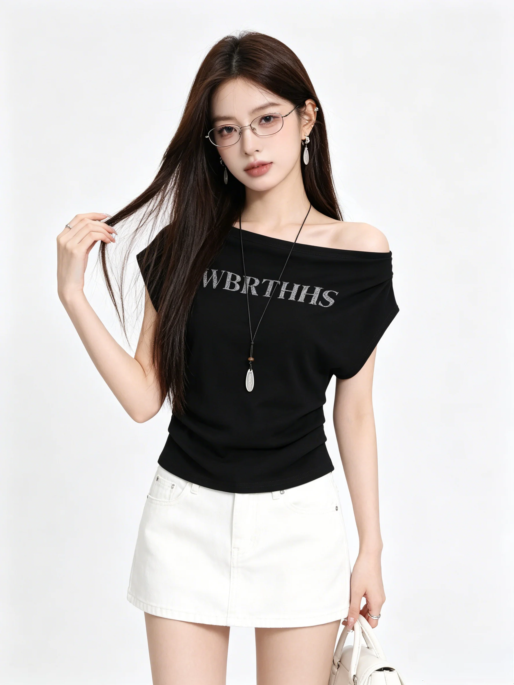 Sweet And Spicy Shoulder Bared Korean Style Short Sleeve T Shirt Summer Short Folded Waist Slimming Skin Friendly Women's Top