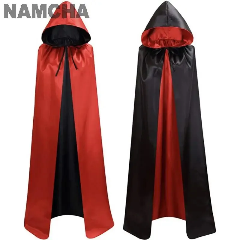 

qq023Halloween Pirate Grim Reaper Cloak Satin Fabric Devil Vampire Reversible Capes with Hood Children Adult Christmas Cosplay C