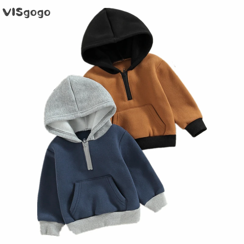 

VISgogo Toddler Baby Autumn Hood Pullover Contrast Color Long Sleeved Half Zipper Thick Warm Sweatshirt with Pocket