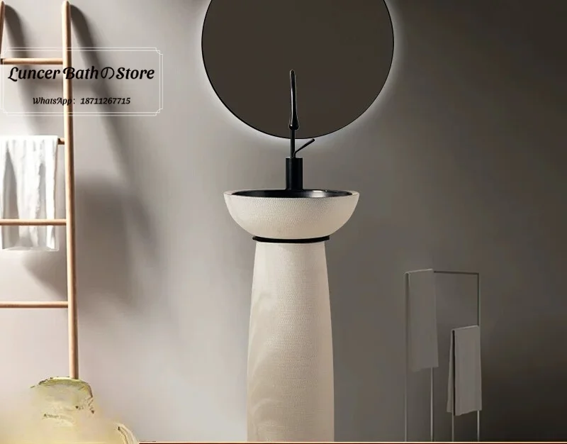 Balcony Pedestal Sink, Outdoor Courtyard Wash Basin, One Piece Floor Standing Vanity Sink with Carved Design for Home