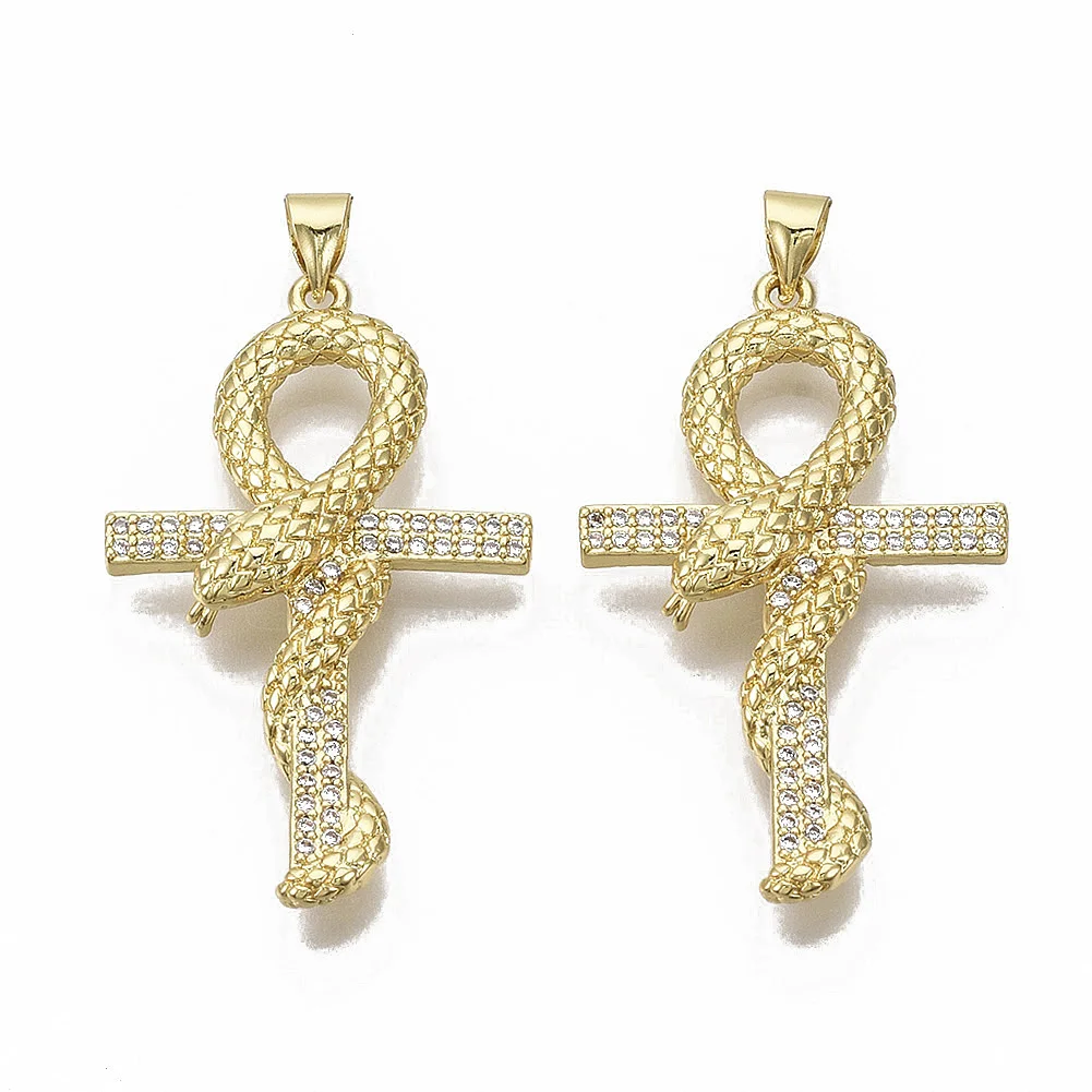 

5pcs Metal Micro Pave Cubic Zirconia Pendants for Easter Snake Wrapped around Ankh Cross Gold Plated for DIY Jewelry Necklace