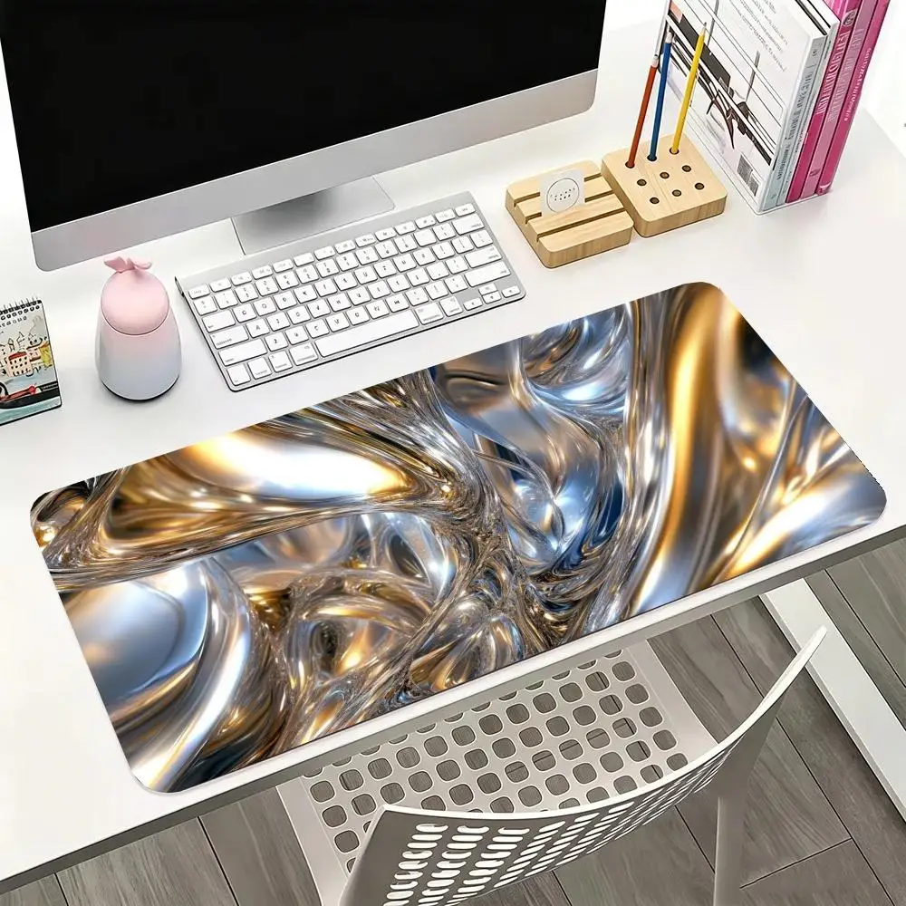 Mouse Pads Shiny Gold Silver Flowing Liquid Metal Art Table Mat For Laptop Game Card Playmat