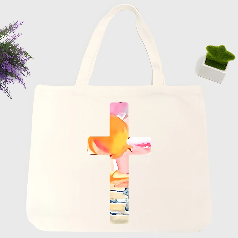 Women's watercolor cross print canvas tote bag, artistic design for daily shopping and casual outings
