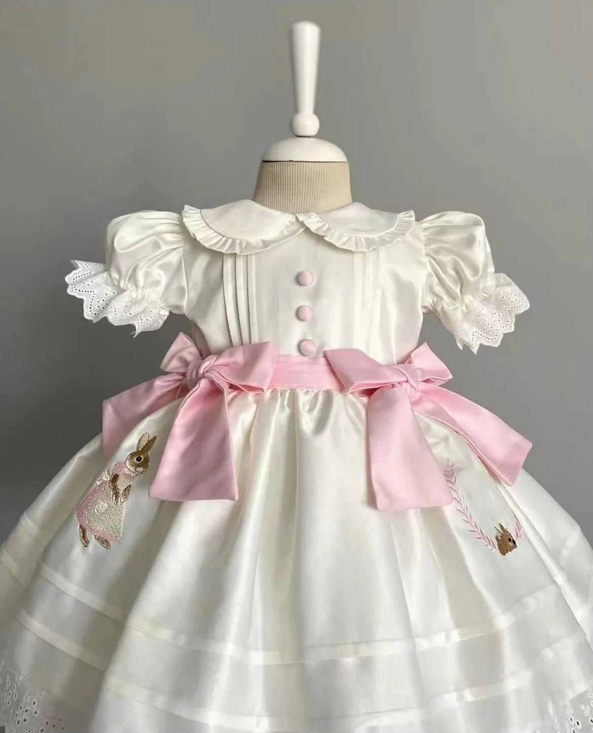 Vestido de princesa Vintage turco Bordado de conejo blanco para niña, fiesta de cumpleaños, fotografía de Pascua, Eid, verano, 0 a 12 años