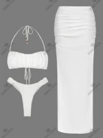 Ruched Bandeau Swimsuit Strapless 3 Piece White Bubble Bikini Sets White High-Cut Maxi Skirt Swimswear Luxury Beach Outfit K264 - Image 4