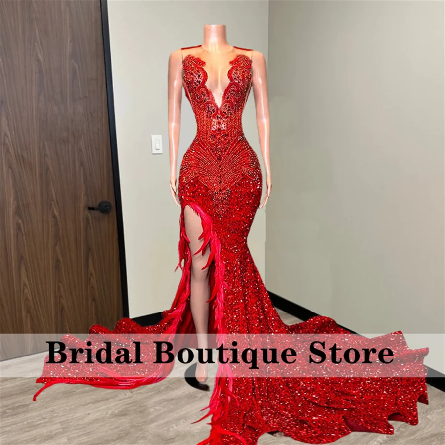 Red Diamonds Prom Dresses Mermaid Style Rhinestones Crystals Feathers Sequin Gown Prom Party Wedding Gowns Customized