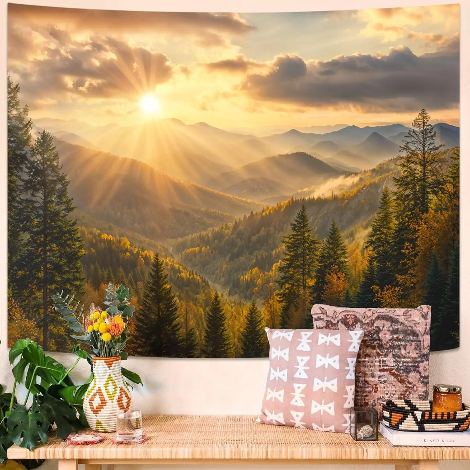 Polyester Wall Tapestry Mountain View Sunset Sunrise Nature Landscape Home Decor Bohemian Boho Hanging Artwork Print