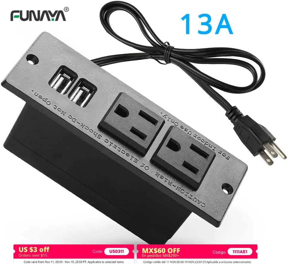 

Conference Recessed Power Strip Socket with USB Ports,Table Power Strip,Desktop Charging Station with 2-Outlets and 2 USB Ports
