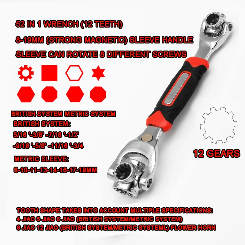 

8/52 in 1 Universal Ratchet Socket Set with Motorcycle Spline Bolts Sleeve - 360° Rotating Multipurpose Tiger Wrench