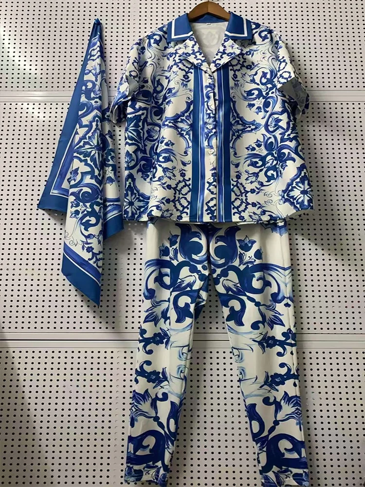 Geometric print lapels know short-sleeved loose shirts summer new women's two-piece suit+elastic feet pencil pants fashion suit.