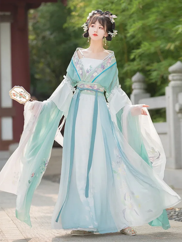 

H05 Hanfu женское древнее платье китайская ветровая фея юбка с большими рукавами на талии летний стильный женский древний костюм