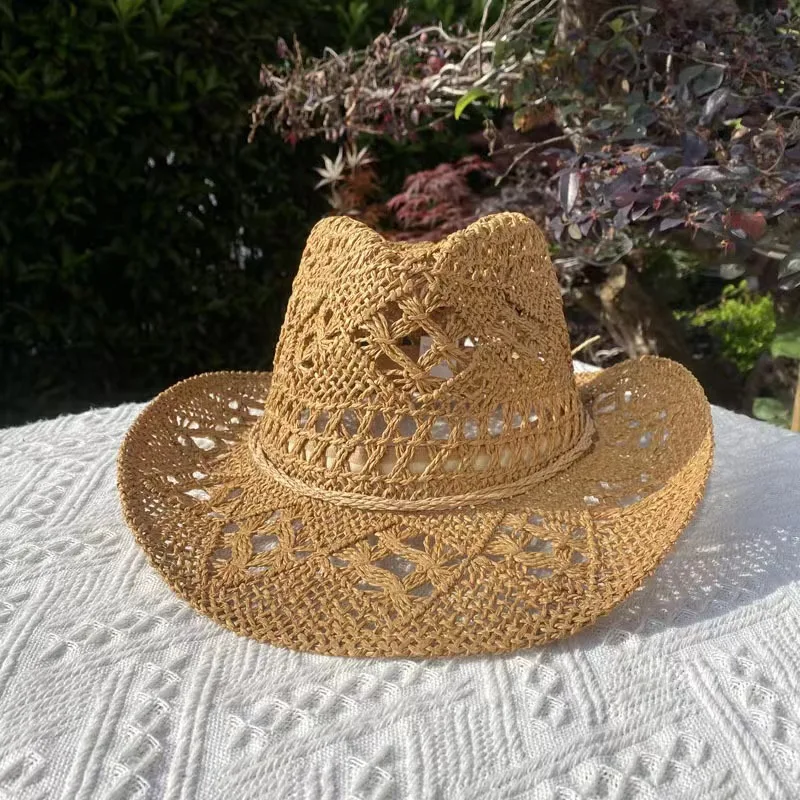 Sombrero de paja de vaquero occidental para mujer, sombrero de paja de ala grande al aire libre para fiesta a la moda, sombrilla de vaquero de