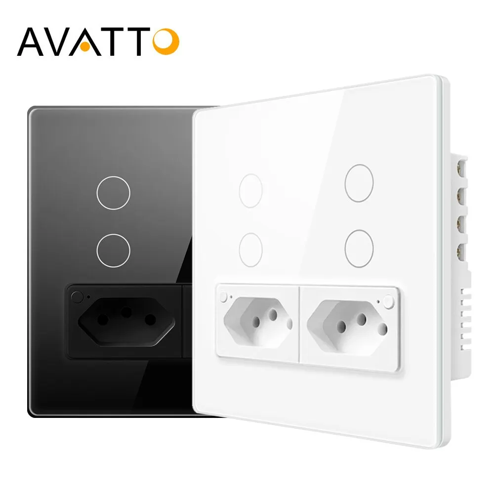 AVATTO WiFi Tuya Wall Switch & Socket, 16A 4X4 Glass Panel 4 Buttons Brazil Smart Light Switch Work With Alexa Google Home Ailce