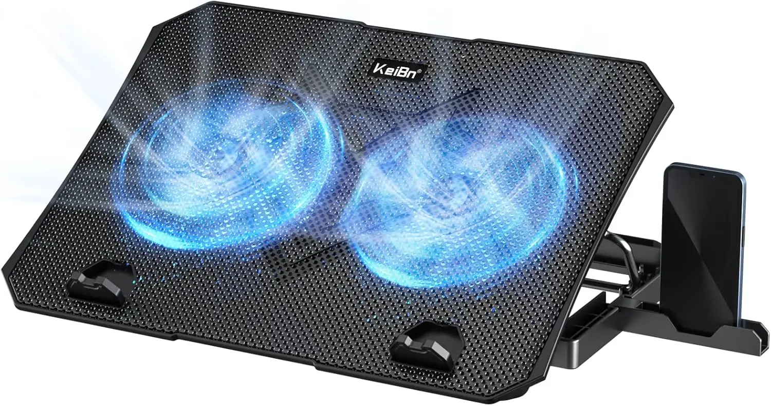 

Laptop Cooling Pad with Dual Fans, Adjustable Height Stands for 10-15.6 Inch Laptops, Includes USB Ports and Phone Holder