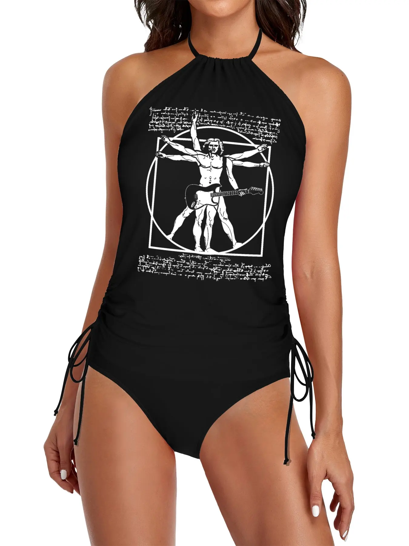 

VITRUVIAN MAN PLAYING THE GUITAR - DA VINCI GUITARIST - LEONARDO DA VINCI PARODY Split Swimsuit Set Women bikini