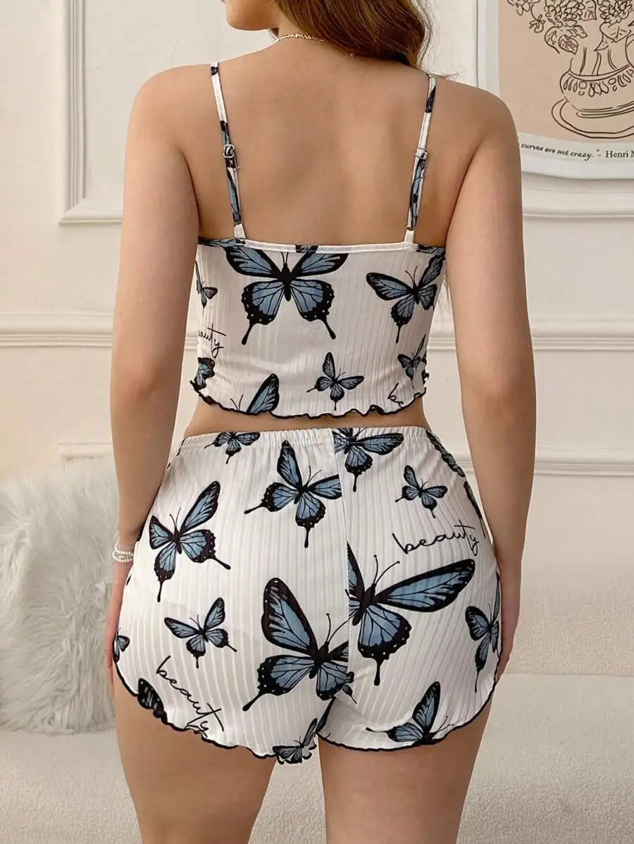 Women Butterfly Print Cami Top And Shorts Pajama Set Cozy Elegant Sleepwear