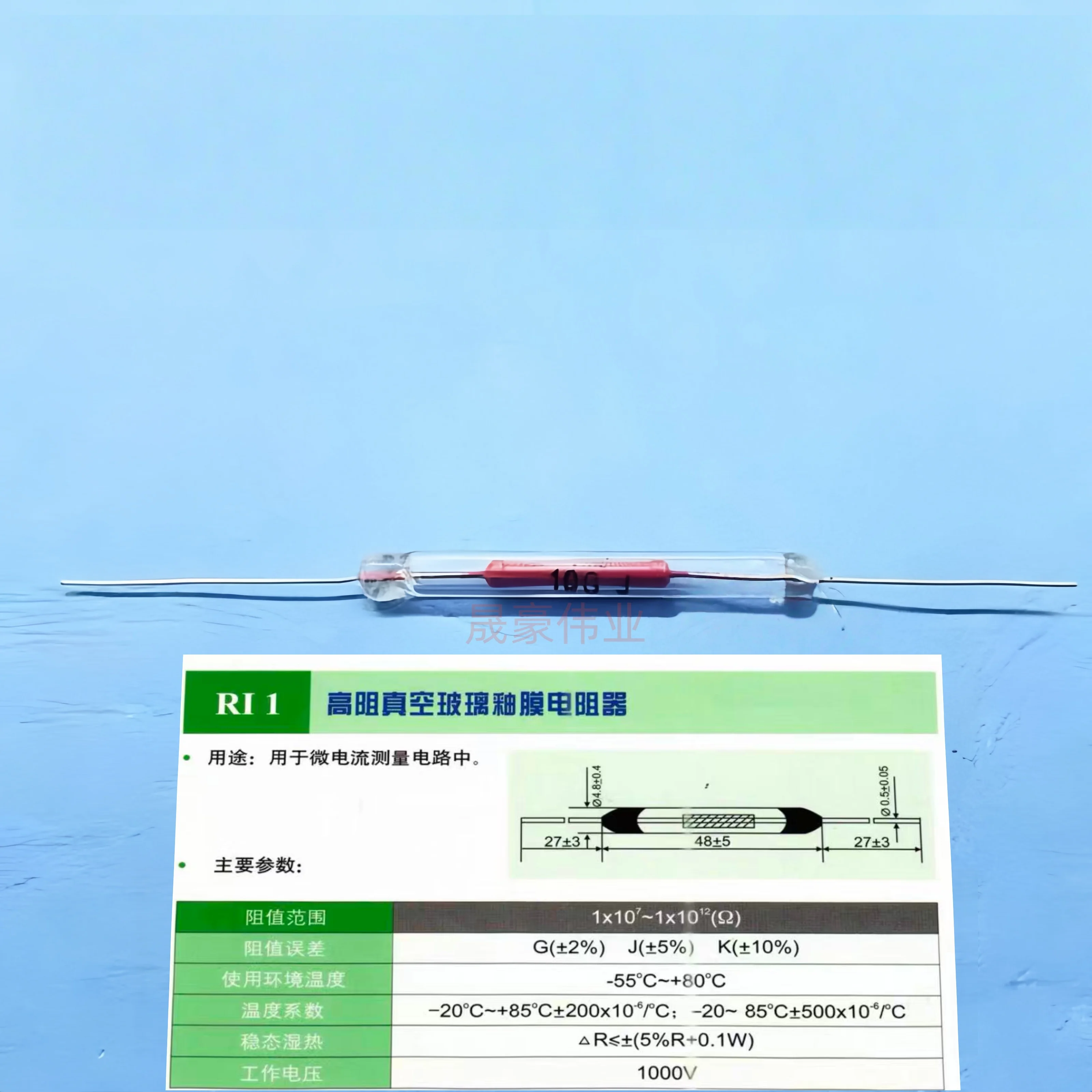 1pcs RI1 High Resistance Vacuum Glass Glazed Film Resistors 100M 1G 10G 100G 500G 1T 5% Microcurrent Resistors Vacuum Resistors