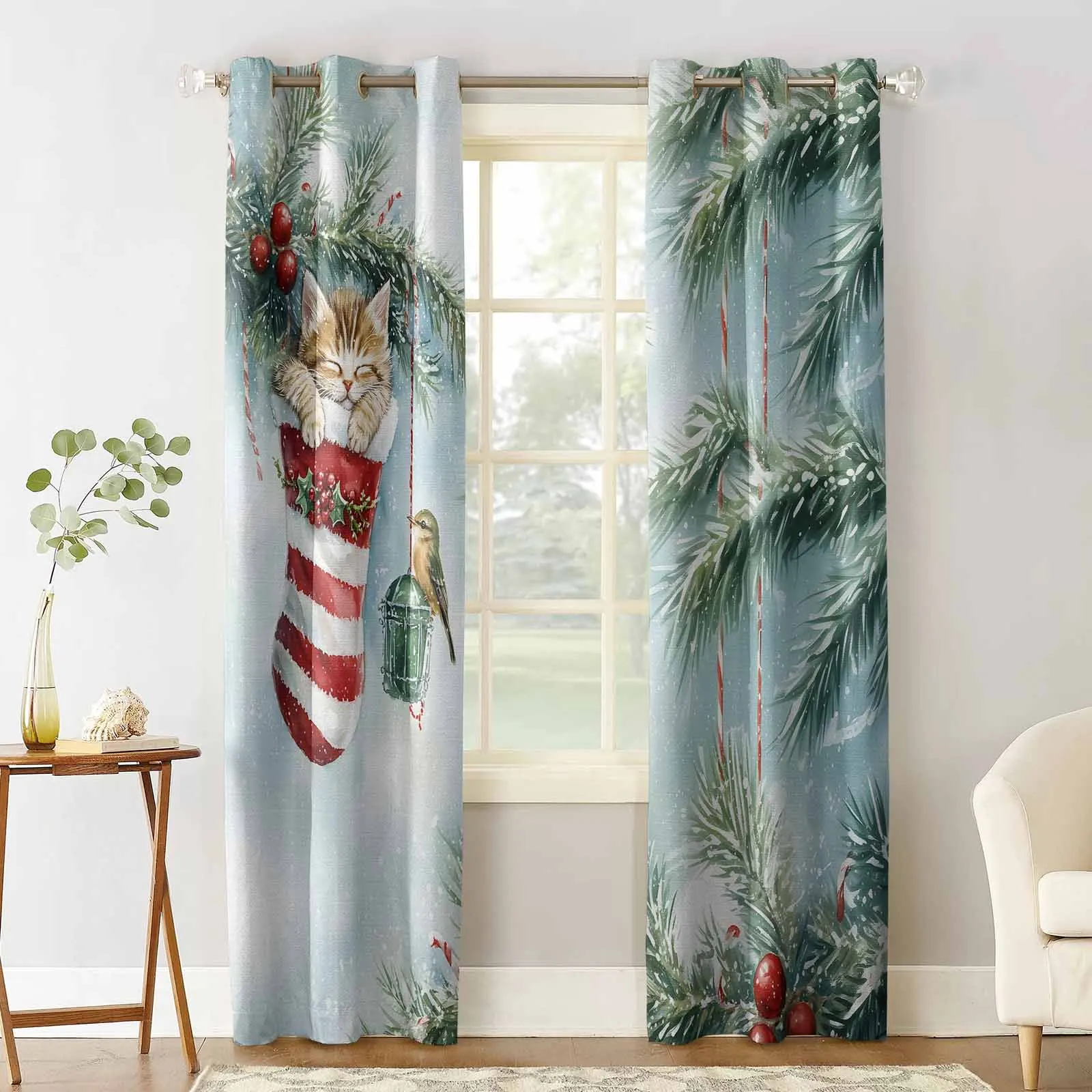 Christmas Cartoon Star Cat Christmas Socks Plants Curtains For Living Room Kids Bedroom Window Curtain Hall Drape Long Cortinas