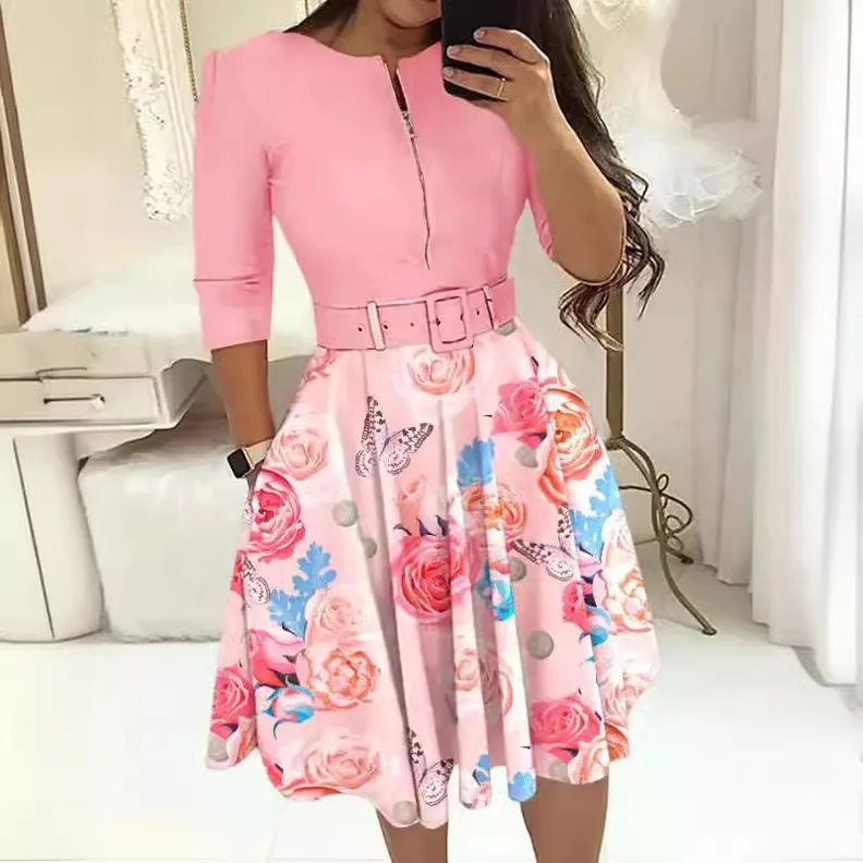 Vestido ajustado para mujer, ropa de calle, otoño e invierno, elegante, con cremallera, medio con pretina, vestidos estampados de manga larga Y2k