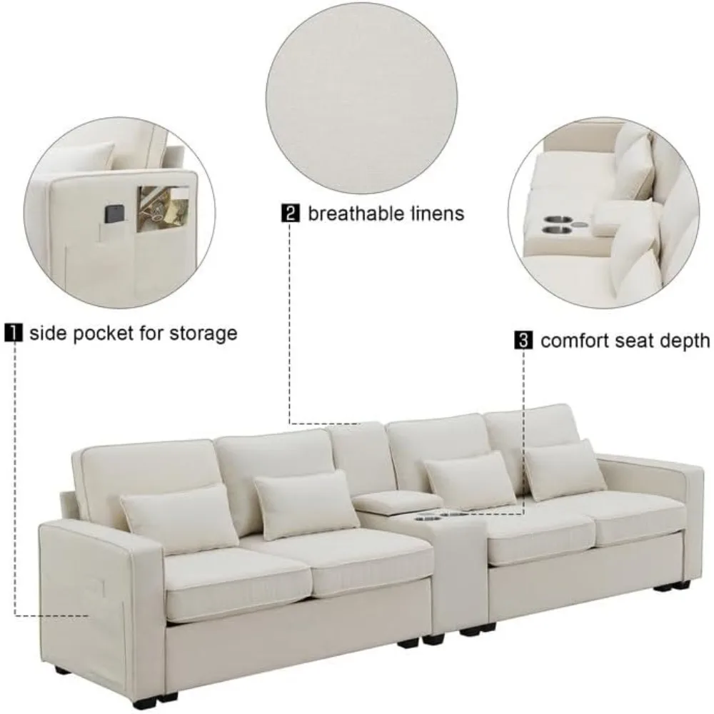 

114.2" Modern 4-Seater Sectional Sofa – Linen Fabric Couch with Storage Pockets, 4 Throw Pillows, Sturdy & Multifunctional