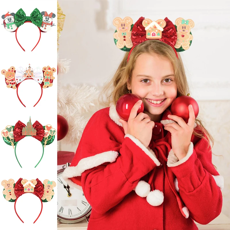 1 Stück Weihnachts-Stirnband mit lustigem Lebkuchenmann-Mickey-Muster, Pailletten-Schleife, Haarband für Damen, Feiertagsparty-Haaraccessoires
