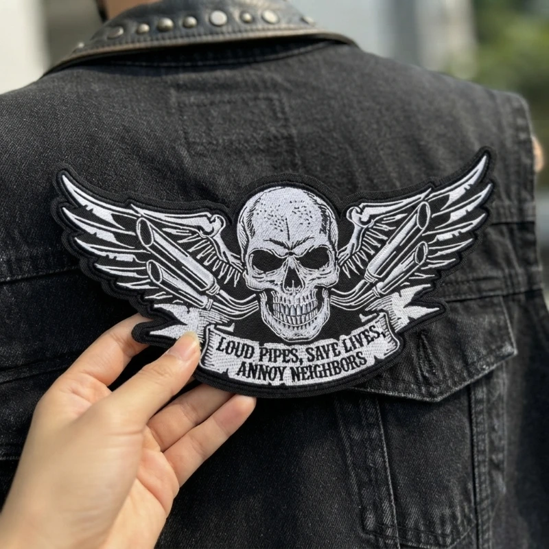 Skull Wing Motorcycle Embroidery Patch 27.2x13.5cm Iron on Patch Biker Large Patch for Jacket Backpack DIY Clothing Applique