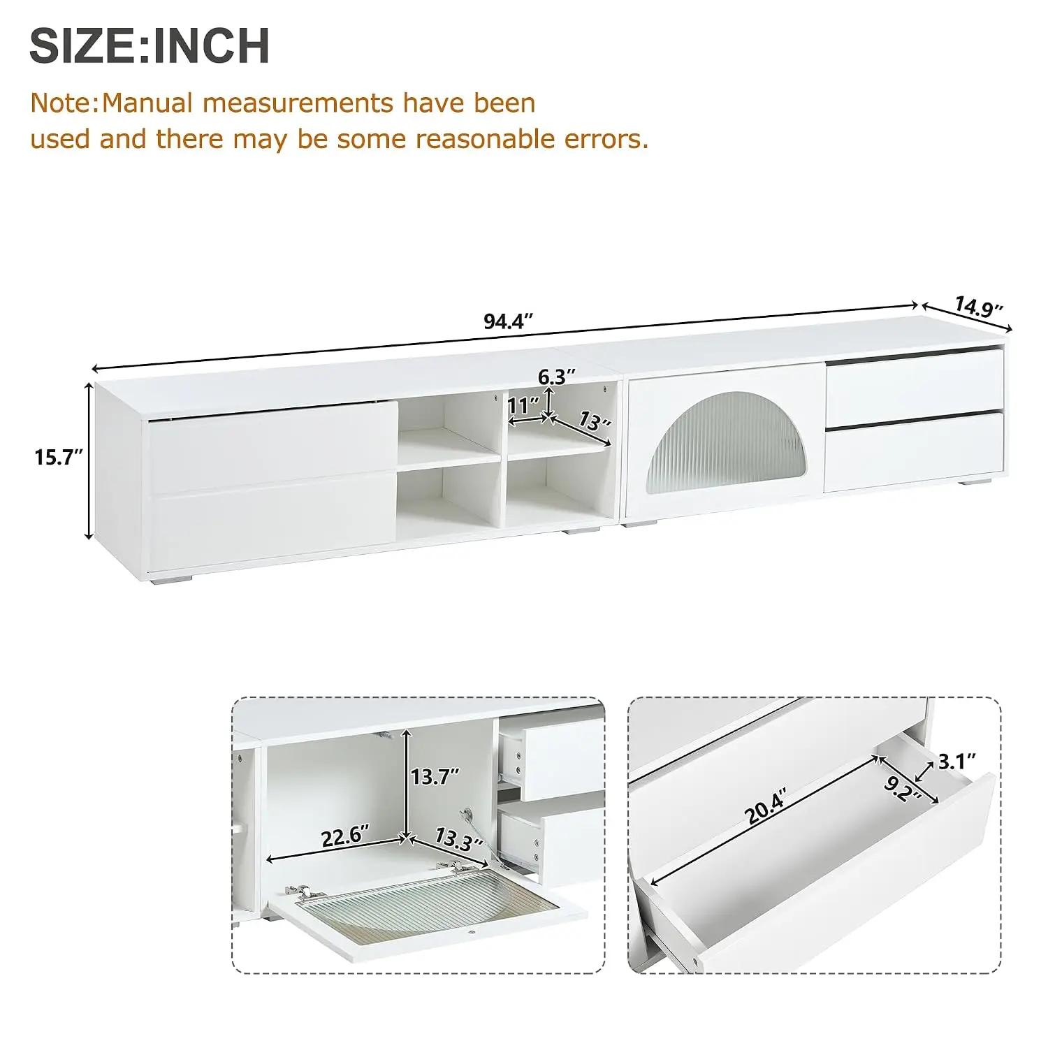 Modern TV Stand with Fluted Glass Sliding Doors & 2 Drawers, LED Light Media Console for 100