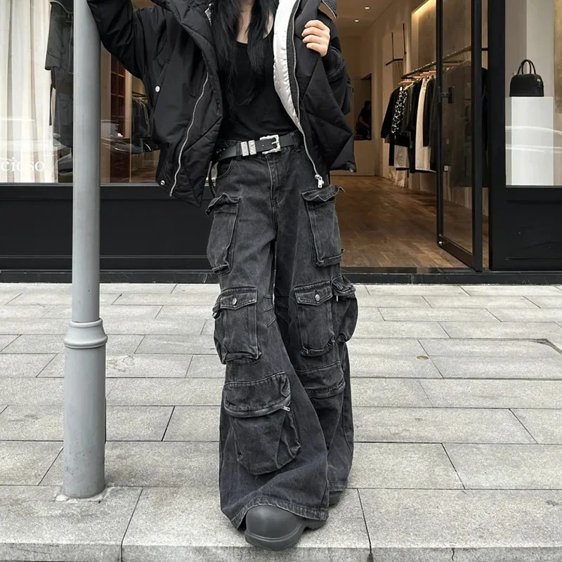 American Style Heavy Duty Multi Pocket Patchwork Design Men's Casual Bell Bottom Jeans Workwear High Waist Long Pants