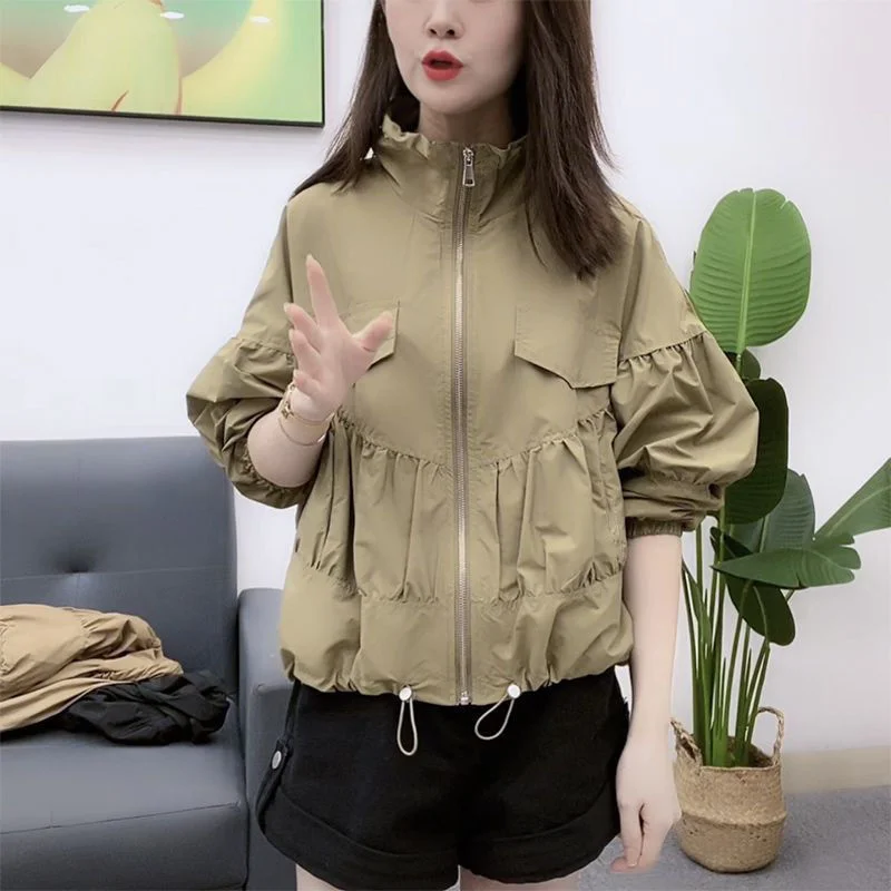 Pleated Jacket Cardigan Women's Jacket Autumn Winter New Outwear With Short Zipper Basic Coat Female Cardigan Coat Black Khaki