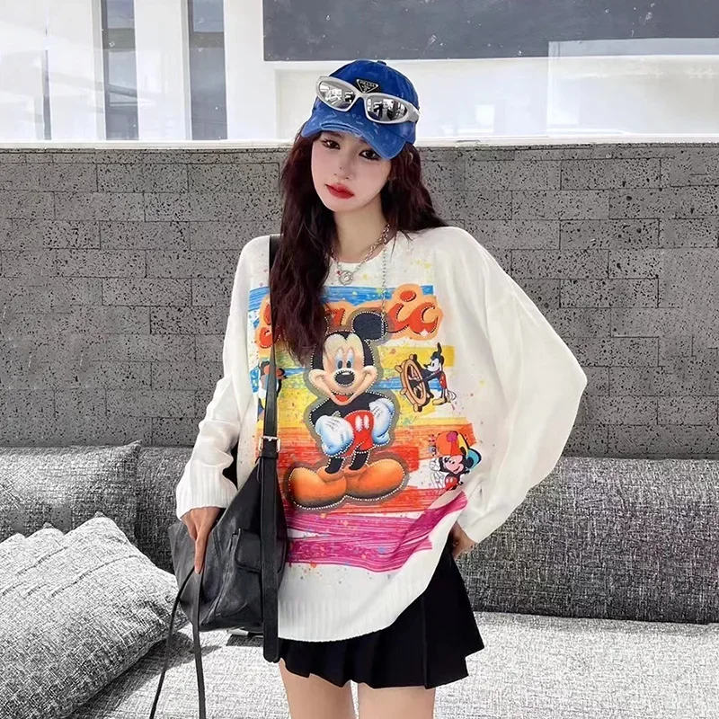 Heavy Industry Hot Diamond Cartoon Printing Long Sleeve Crew Neck Long Sleeve Sweater Women's Autumn Loose Bottom Knitted Top