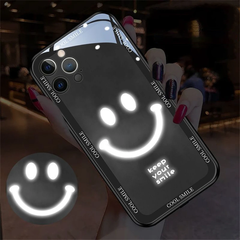 Smile Design Luminous Sound Music Control Phone Case For Samsung S24 S23 S22 S21 S20 Ultra Call Glowing LED Light Up Glass Cover