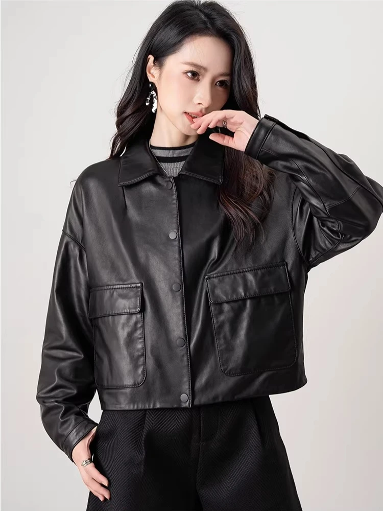 

Casual Black Genuine Leather Jackets for Women Spring Autumn 2026 New High-end Simple Soft Slim Short Real Sheepskin Coat