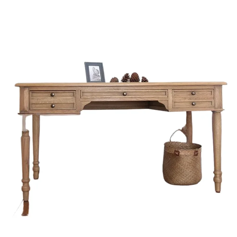 

American solid wood desk furniture study log oak engraved with drawers home student study table