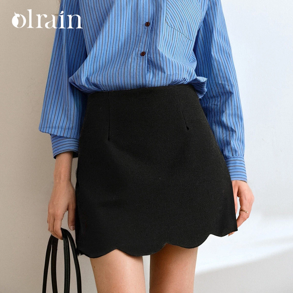 OLrain Women's Black A-Line Mini Skirt  Autumn 2026 Petal Hem Straight Office Commuter Style Elegant Bodycon Skirt O57DB001858