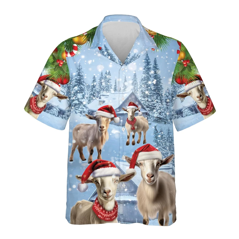 Funny Xmas Goat Graphic Shirts For Men Clothes Christmas  Farm Cattle Sheep Horse 3D Printed Button Clothing Animal Beach Shirt