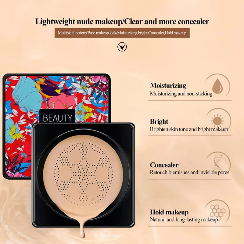 Coreano Air Cushion BB Cream com Cabeça de Cogumelo, Fundação Hidratante do Rosto, Corretivo Clareador, Base de Cobertura Completa, Maquiagem Cosméticos