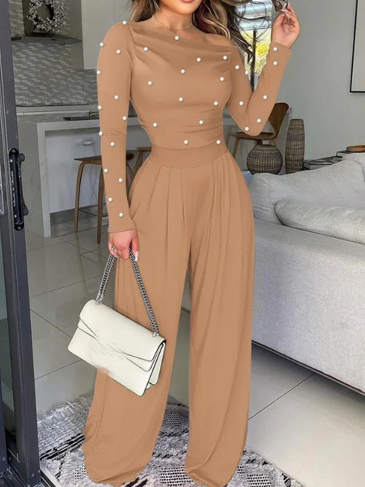 

Beads Long Sleeve Overalls Casual Ruched Zipper Back Wide Leg Jumpsuit