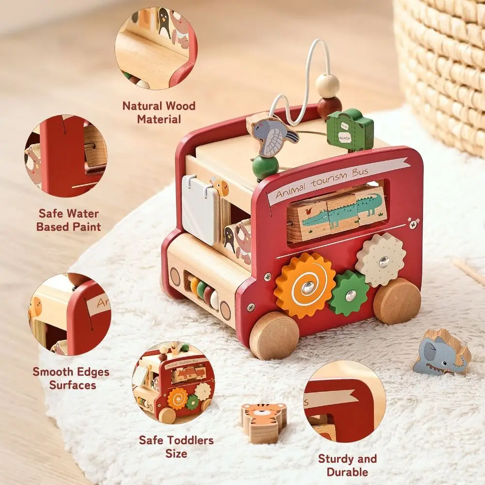 

Early Education Wooden Montessori Toys Shape Sorter Puzzle Activity Bus Baby Toy Logical Thinking Portable