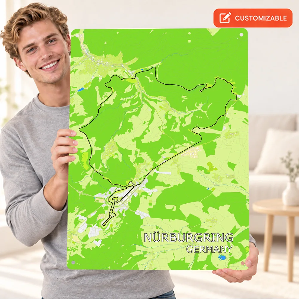 Nurburgring Germany Map Textured Metal Poster Customized Aluminum Sign Green Cartography Wall Art For Workshop Or Racing Lounge