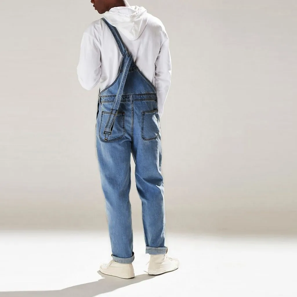 Fashion Male One Piece Pants Jeans Streetwear Mens Pocket Fashion Simple Jeans Overall Jumpsuit Streetwear Summer Spring