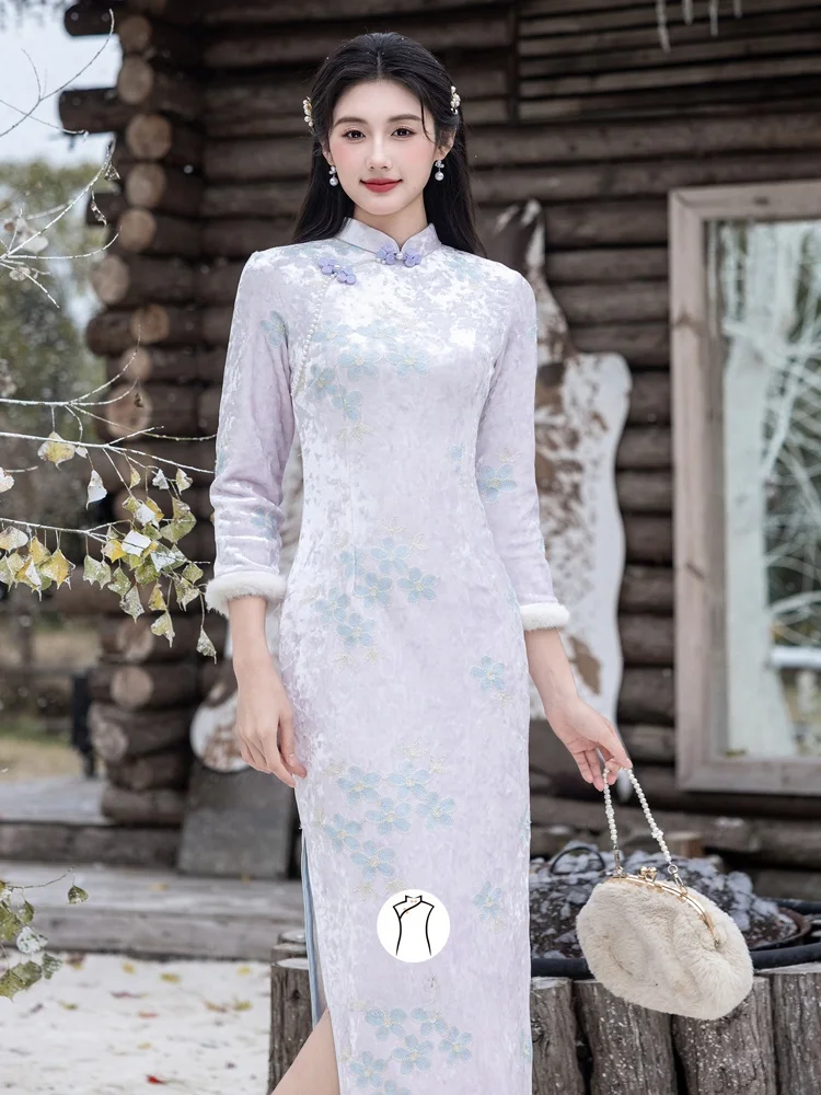 

Фиолетовое пальто с поясом для подчеркивания талии, теплое, традиционное, в китайском стиле, новинка для женщин