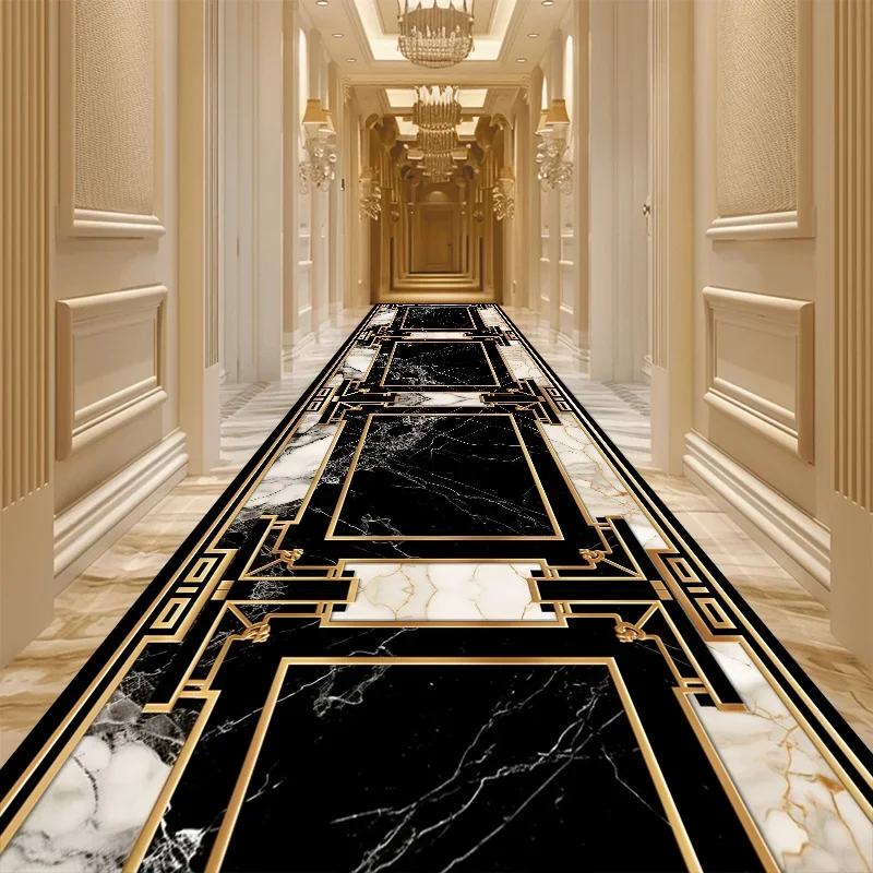 Luxury European Corridor Carpet Golden Frame Hotel Runner Hallway Rug Non-slip Decoration Home Villa Lobby Aisle Foot Mat Custom