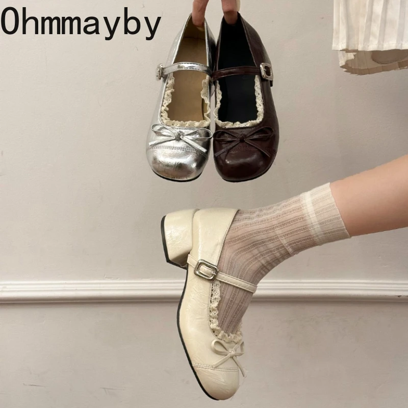 

Butterfly-knot Women Mary Jane Shoes Elegant Leather Wedding Party Thick Heel Footwear Spring Autumn Concise Zapatos De Mujer