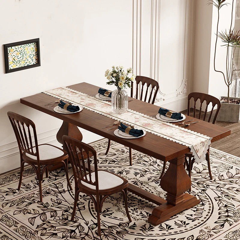 #American Vintage Modern Rectangular Dining Table Set Rustic Style Solid Wood Large Plank Home Furniture