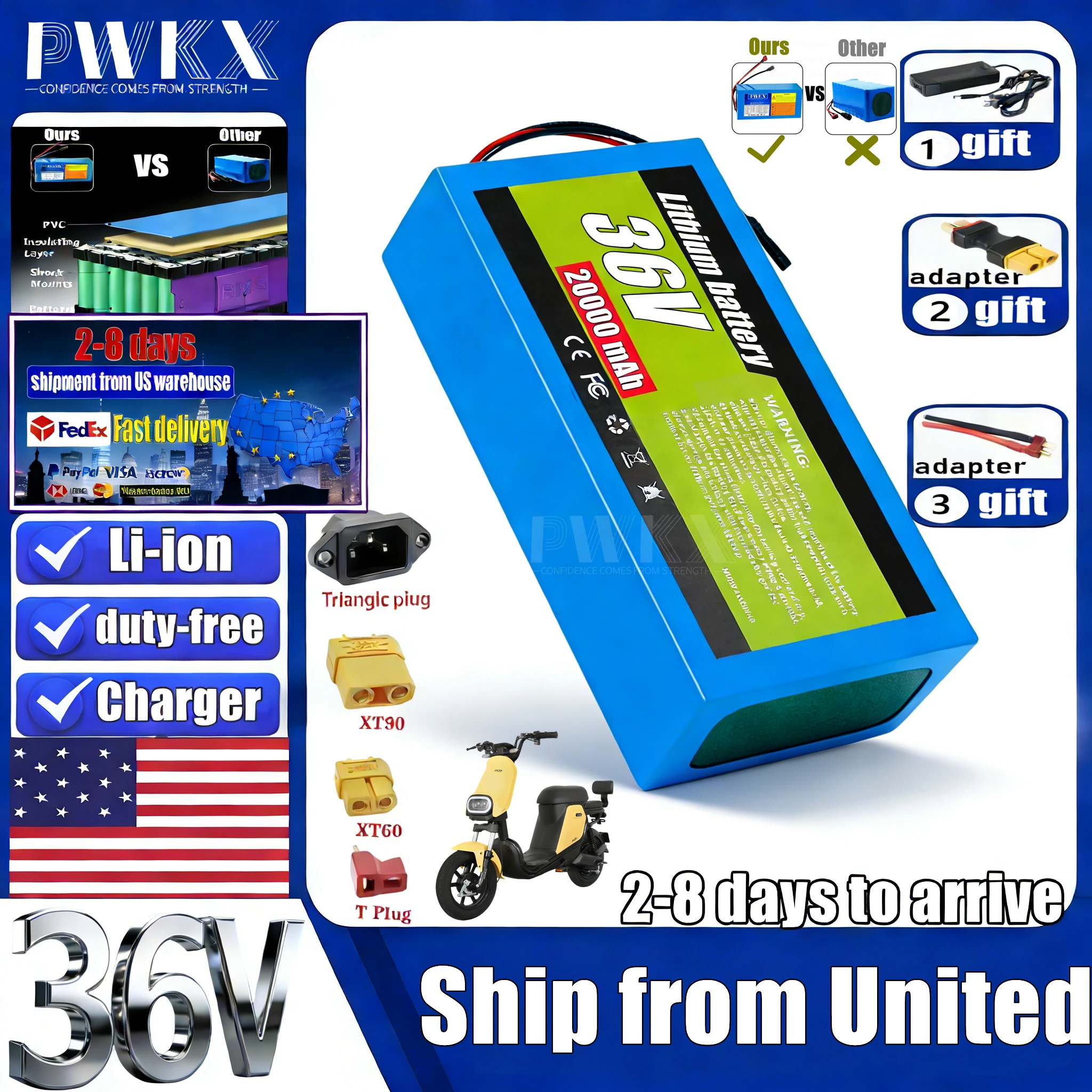 

US Stock New 36V 48V 8Ah 12Ah 20Ah 18650 Lithium battery pack 2000W High Power For Electric motorcycle scooter With BMS+charger