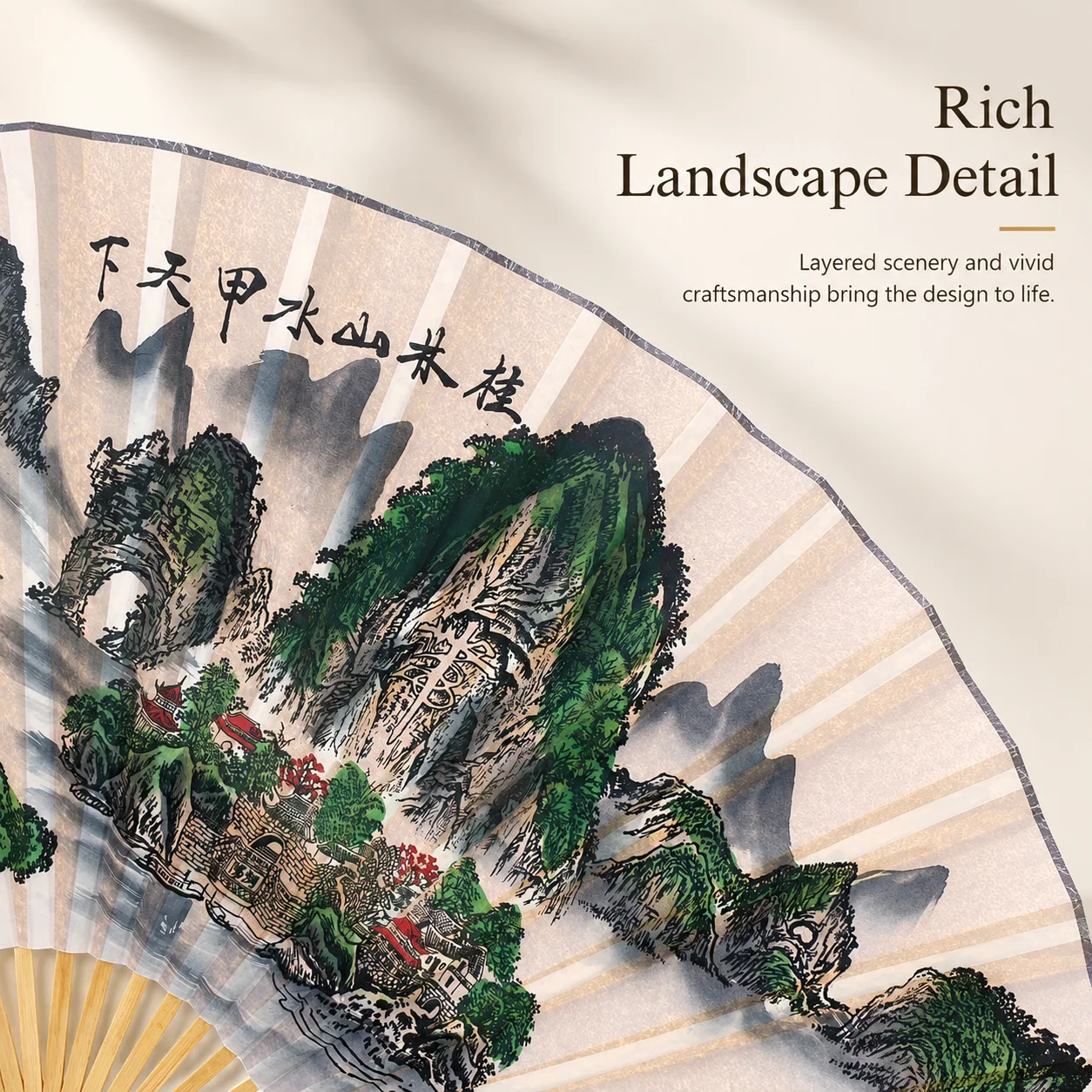 160cm Oversized Wall Hanging Fan, Printed Mountain River Ink Painting Bamboo Frame, Chinese Style Wall Decor for Home Tea Room