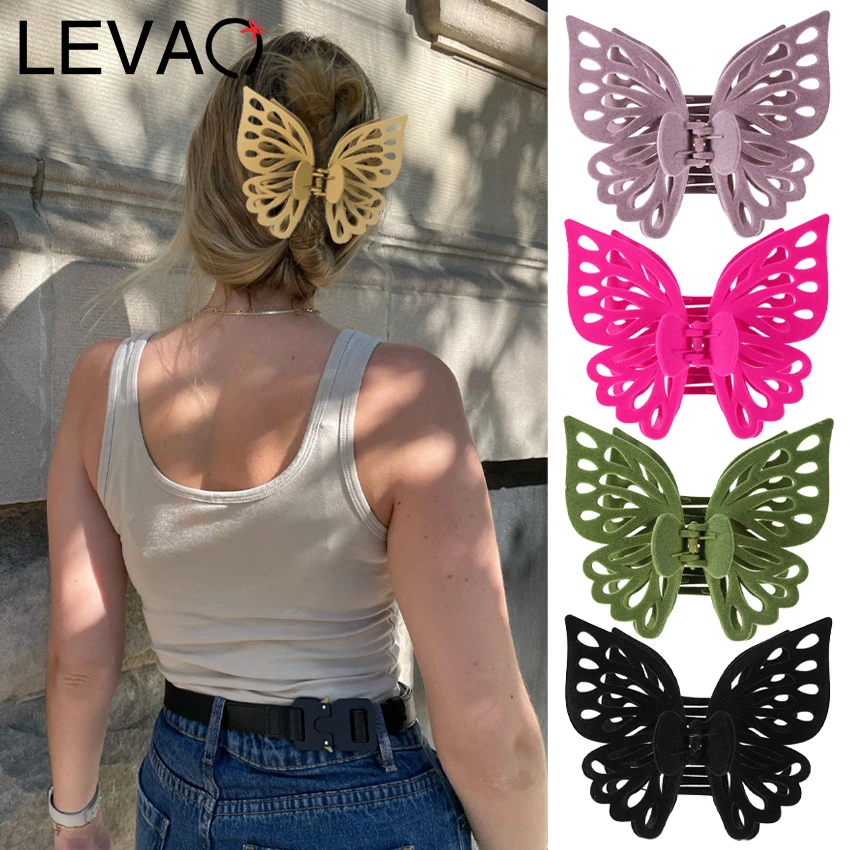 Large Butterfly Hair Clips For Girl Hollow Out Fashion Shark Clip Flocking Barrette Claw Clip Women Hair Accessories Accessory