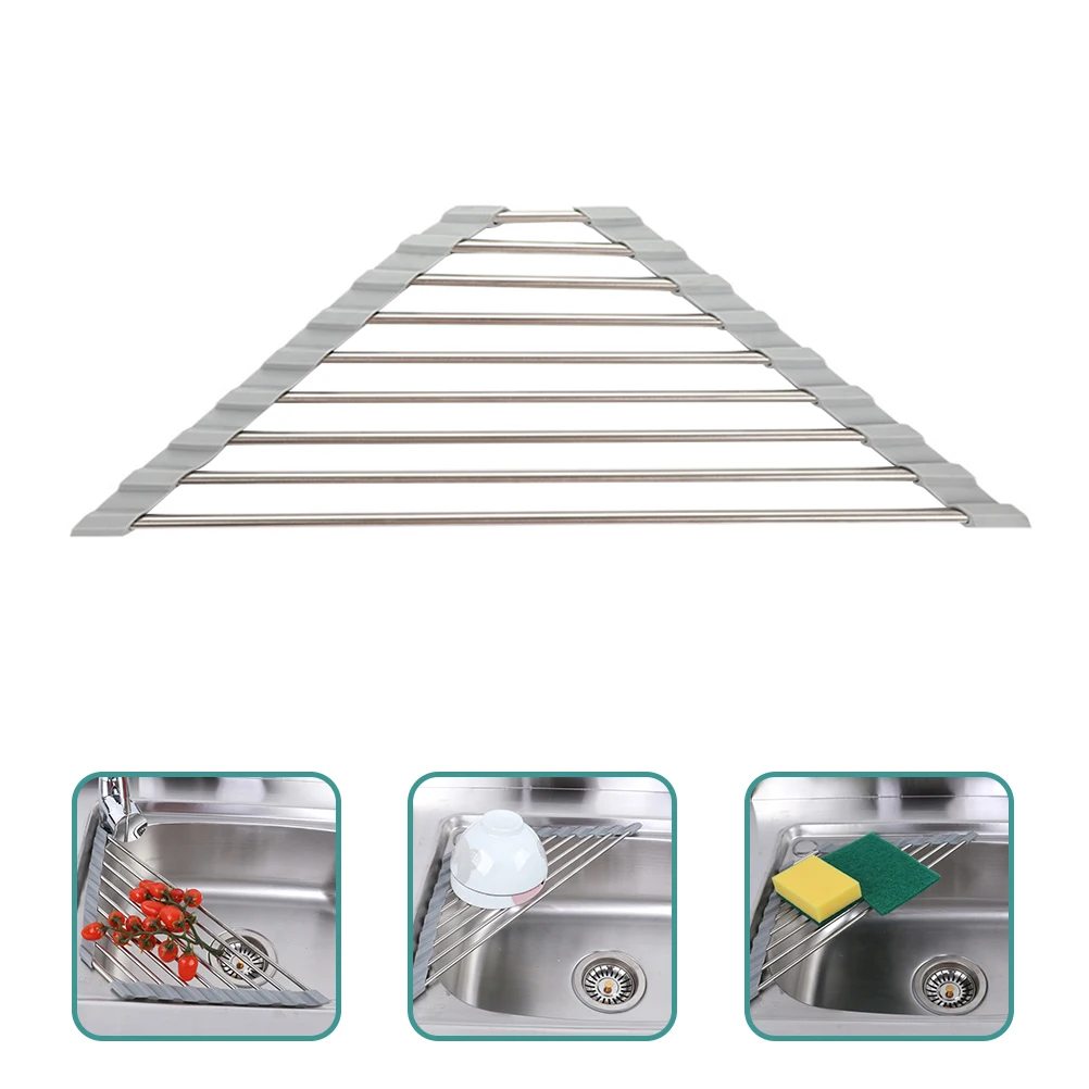 

Roll Up Drain Sink Corner Stainless Steel Triangular Dish Drainer Shelf Multi Functional Hollow Out Water Drainage Sturdy No