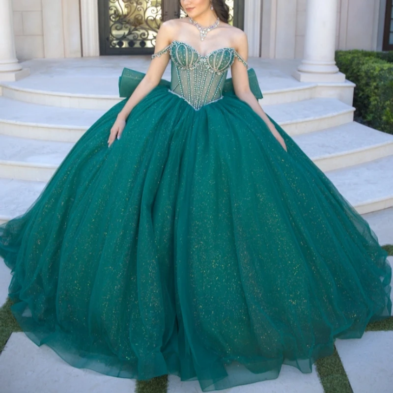 

Green Shiny Ball Gown Quinceanera Dresses Off The Shoulder Beading Crystal Bow Tull Party Birthday Sweet 16 Dress Vestidos 15 De